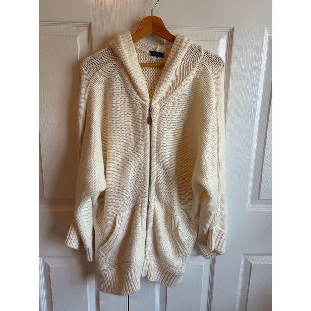 Venus Womens Cream Ivory Chunky Knit Zip Up Hooded Cardigan Sweater Size M